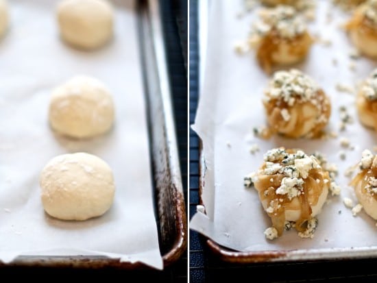 dinner rolls with carmelized onions and gorgonzola cheese